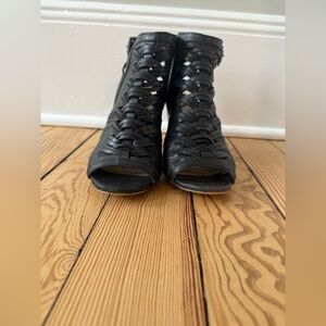 Vince Camuto  Black Peep-Toe Woven Ankle Boots